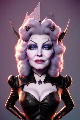 Mae West as evil queen in black leather, leather, busty, cleavage, angry, stern look. character design by cory loftis, fenghua zhong, ryohei hase, ismail inceoglu and ruan jia. unreal engine 5, artistic lighting, highly detailed, photorealistic, fantasy