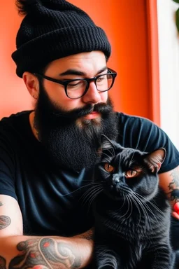 cozy vibes artistic guy with black beard with calico cat