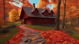 Rolling hills of red, orange, yellow leaves autumn trees in a forest, a walking path beside o rumbling brook. Birds getting ready to fly south for the winter. A cozy cottage nearby. Hyper realistic, photo realistic, 8K UHD, cinematic, highly focused