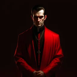 a sinister figure wearing a red suit and a priest's collar with no face and dirty slicked back hair