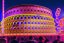 oktoberfest in roman colosseum, hyper detailed, digital part,riesenrad, centered, detailed, 8k, shining, heaven, many happy people, dampf, cyberpunk art, neon lights, neon signs, night, stars, stadionlichter