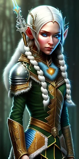 Cute and adorable female elven adventurer with ultradetailed SMALL elven ears with adorable symmetric face dressed in a warm overcoat with survival gear and boots, in style of Cedric Peyravernay Art, microdetails --ar 2:3 --beta --upbeta --upbeta