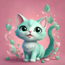 A delightful and adorable cartoon illustration featuring a cute mint-colored cat against a charming pink background, (delightful illustration:1.4), (adorable cartoon cat:1.5), (charming pink background:1.3), (expressive mint hues:1.2), inspired by the styles of cute cartoon artists, trending on ArtStation, Intricate, Sharp focus, vibrant lighting, (whimsical:1.4), (playful ambiance:1.3), (lush fur details:1.5), Cartoon, Masterful, Captivating, High Detail, Cinematic view