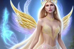 beautiful, very soft, smiling, very straight and long blonde hair, dewy and shiny vibe, diamond crown, long fairy wings in the back, soft and young full head, golden veil clothes, smiling, bachground lights pink and blue