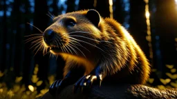 A determined beaver gnawing through the thick base of a towering pine tree, (hyper-realistic fur texture:1.3), wood chips flying, intense focus in its eyes, (golden hour sunlight filtering through dense forest:1.2), dramatic low-angle shot, the tree beginning to tilt precariously, (chain reaction of falling trees in background:1.4), splintering wood, airborne debris, dynamic motion blur, rich earthy tones, moss-covered forest floor, highly detailed bark textures, cinematic lighting, volumetric f