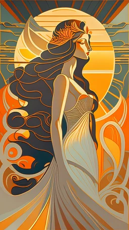 Painting style of erte pretty woman long hair dressed in sunrise art deco