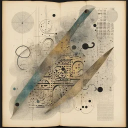 Page of a Gnostic tome, sinister calligraphy artifacts, graphic inserts, maximal abstract art, by Ed Reinhardt and Victor Pasmore, mind-bending illustration; dark cool colors, asymmetric, tilted, dynamic diagonal composition, morse code dot and dash textures, weathered vellum