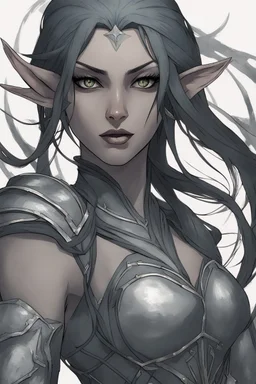 SA female elf with skin the color of storm clouds, deep grey, stands ready for battle. Her long black hair flows behind her like a shadow, while her eyes gleam with a fierce silver light. Despite the grim set of her mouth, there's a undeniable beauty in her fierce countenance. She's been in a fight, evidenced by the ragged state of her leather armor and the red cape that's seen better days, edges frayed and torn. In her hands, she grips two daggers, add dark shadow mystic purple flames