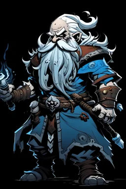 darkest dungeon style character art: blue-skinned dwarf man with white hair and beard, wearing armour and wielding a warhammer