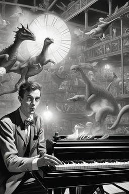 close up on face of comic news paper journalist horror harlequin playing burning piano smoking as geese dinosaur reptiles in very bright light bulb factory on the bridge train station with twisted ladders with the most a confused look on his face in front of a huge glass prism clock with angels, in the style of Escher and Dali and Cthulhu