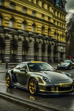 Opisz futurystyczną scenę na warszawskich ulicach: Szara Porsche GT3 RS z błyszczącymi złotymi felgami stoi dumnie na tle imponującej architektury Warszawy. Obok elegancko ubrany kierowca w garniturze i kasku z gracją przygląda się swojemu potężnemu pojazdowi. Całe auto jest misternie obklejone logo prestiżowej firmy Link Group, dodając wyjątkowego charakteru tej dynamicznej scenie