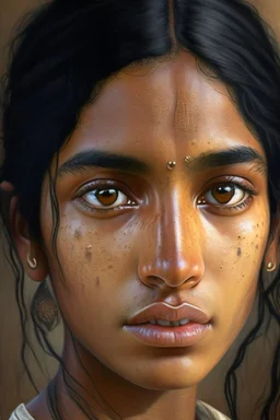 portrait of Indian labor, black hair, pretty face, realistic, fine details, cute freckles, masterpiece