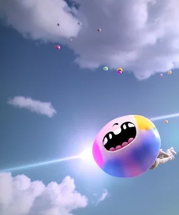 Ultra realistic speed clouds sky scene, wide angle view, sweet childs falling down, inflatable color clothing, free jumping flying, many trinkets, hair monster, many jelly beans, balls, color smoke, smile, happy, circus style, extreme, wind, clouds sea, 20,000 feet altitude, stratosphere, soft color, highly detailed, unreal engine 5, ray tracing, RTX, lumen lighting, ultra detail, volumetric lighting, 3d, finely drawn, high definition, high resolution.