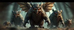 bad ass Owlbears overlord with some kobolds, hyperrealism, motion blur background