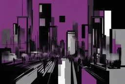 Purple, black, and grey abstract painting with city and people