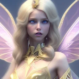 beautiful fairy very etheric, nice smiling, long blond hair, magic glamour pink make up, delicate colors, complete vision of very transparent golden and big wings, beautiful glamour transparent golden dress, ultra sharp focus, 8k, unreal engine 5, extremely sharp detail, light effect, soft light atmosphere, smooth, full of details, face in front, complete vision of face and hair and of the body