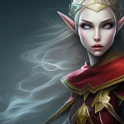 mighty queen elf, red armour, realistic, HD4k, watery cloud background, deep red eyes, close up shot