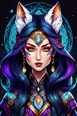 create an ethereal, darkly magical ,Kitsune sorceress with highly detailed and deeply cut facial features, illustrated in the style of Mindy Lee, 4k precisely drawn, boldly lined and colored