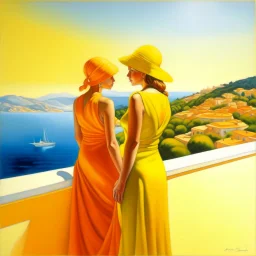 Neoclassicism realistic yellow orange cote d'azur sea two woman