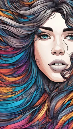 woman, line art, colorful and exotic flowing hair, intricat detailed, cartoon, comic book ink pen, black, vector for t-shirt, detailed image, delicate, beautiful, high resolution Hyperrealistic, splash art, concept art, mid shot, intricately detailed, color depth, dramatic, 2/3 face angle, side light, colorful background