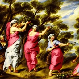 women picking olives in style of rubens