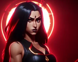 j.scott campbell, serena from mortal kombat, wearing black and red, big eyes, long black hair with red streak, small up turned nose, large breasts, small waist, round butt, standing, dark cobblestone alley, one halo light above, non photorealistic rendering