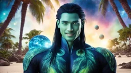 beautiful gorgeous young man na'vi with long hair, Avatar, blue skin, two small ears, green eyes, black hair, in cosmic suit, galactic ambiance, smiling, with spaceship and planets and palm trees and clear crystaline cosmic beach in background