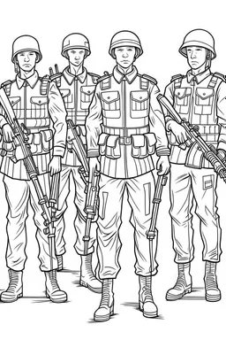 Outline art for coloring page OF A TOY SET OF SMALL AMERICAN PLASTIC TOY ARMY SOLDIERS, coloring page, white background, Sketch style, only use outline, clean line art, white background, no shadows, no shading, no color, clear