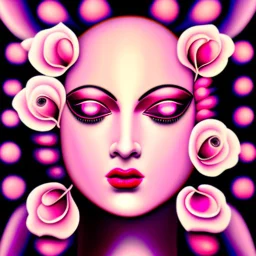 A detailed high quality surreal painting of a delicate, shimmering single pink, personified rose, with a womans face a small pretty face in its petals, two eyes, pouting lips, delictae nose, background is a blurred black and white hypnotic pattern, very mod, 1960s inspired art, psychedelic, highly detailed conceptual art, mixed media collage, dark fantastical, hypnotic atmosphere, fine lines, dali-esc, beautiful and natural, strange art, optical illusion