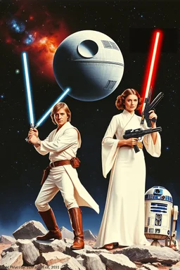 stars nebula and the Death Star large at top, in front in poses from the original star wars posters is Luke Skywalker with lightsaber and Princess Leia Organa with upward pointing raygun both in white clothing atop crumbling stone and droid parts c3po r2d2