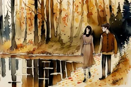 young brunette woman and boy friends walking next to a pond in an autumn forest watercolor and ink in ochre, golden glitters