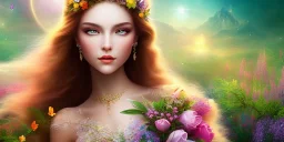 bright fairy, beautiful portrait, flowery landscape