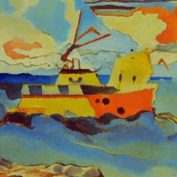 old tugboat on beach by kandinsky