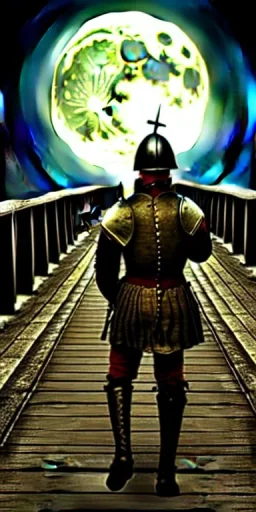 A medieval Soldier walking on the bridge , night , full moon , realistic , high resolution , HD , 1920pX1080p , dark