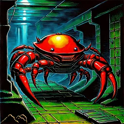 90's TCG fantasy artwork art of robot crab in sewer