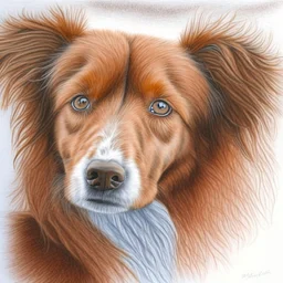 Colored pencil drawing. Portrait, realistic, dog, fur texture.