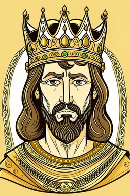 "Draw an Arabian king with a short beard and shoulder-length hair, handsome, sharp features, wearing a crown. His color is slightly tan, and he has drowsy eyes. And black hair His body is of average height. Draw another Arabian king who is larger in size, with thick eyebrows." Draw in comice style