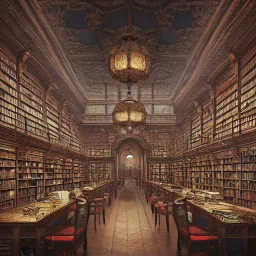 Insanely detailed photograph of an “ library ” with intricate detailed design, intricate embroidered band of ceiling candles, hyperdetailed painting by Ismail Inceoglu Huang Guangjian and Dan Witz CGSociety ZBrush Central fantasy art album cover art,8K, hdr, romantic, mysterious, ominous, flowers, jewelry, steam,oil,cafe,street vendor,steamship,D&D