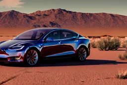 A Tesla 'Model S' is parked, in the Mojave Desert. (CINEMATIC, WIDE ANGLE LENS, PHOTO REAL)