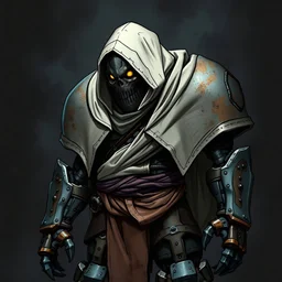 simple fantasy warforged, large build, ultron-head shape, large gap lines, warforged, riggid curves, rusted plating, hard edges, white hooded, wrapped sash on belt, alloy colored plate, rust marks, shadowed joints, glowing eyes, dark background, characteristic comic style, grit dark fantasy, d&d art, fantasy background, screen tones, solo piece