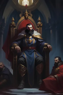 Strahd Von Zarovich looking ominously down from his throne at four adventurers