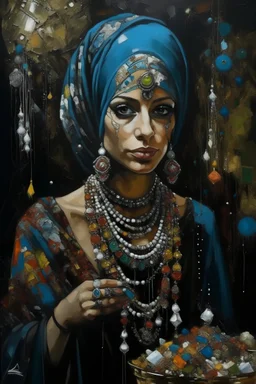 Artistic painting by paintbrush, Portrait of Muslim woman in burqa, in turban, loads of hanging crystals around her, heavy makeup, loads of jewellery, painted by in style of Jackson Pollock