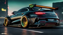 Mercedes W190 Evolution ultimate need for speed tuning Mansory Cyberpunk 2077 neon Style Rear View, Super Detailed, desktop wallpaper, 4K