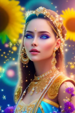 Beautyful smiling young woman, long hair amazing blue eyes, flowers, happy cosmic, bright colors, blue, pink, gold, jewels, realistic, photo real, clear sunny background, highly detailed, high contrast, 8k high definition, unreal engine 5, extremely sharp detail, light effect, sunny light backgroundgold, jewels, realistic, photo real, clear sunny background, highly detailed, high contrast, 8k h,crown