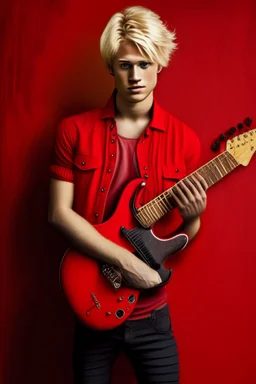 A young man with blonde hair, red shirt, red trousers and holding a black guitar