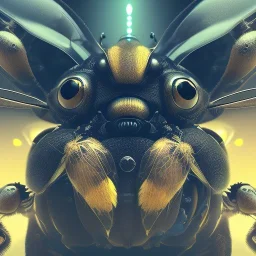 depth of field, cyborg bee, macro lens, hyperphoorealstic