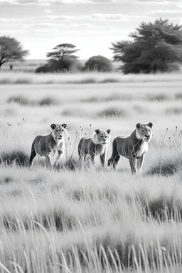 Black and white outlined lions roaming on grasslands