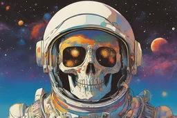 Skeleton face, Astronaut, cosmic style, by moebius, satoshi kon and Peter Max