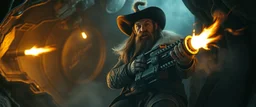 movie poster, portrait interview cowboy Albino Dwarf Spirit climbing outside space ship in cave holding huge mounted chain gun, motion blur, smoke and steam flashlights, flame whip