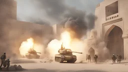 4K photorealism: artillery running in an Arabian city, launching rockets emitting smoke and explosions, dramatic lighting during the day like photography